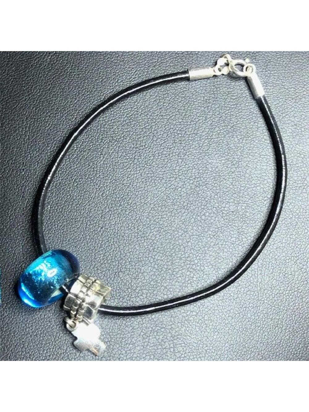 8787 Sterling IBB 925 Leather Bracelet Blue Murano Glass Charm Cross Pendant